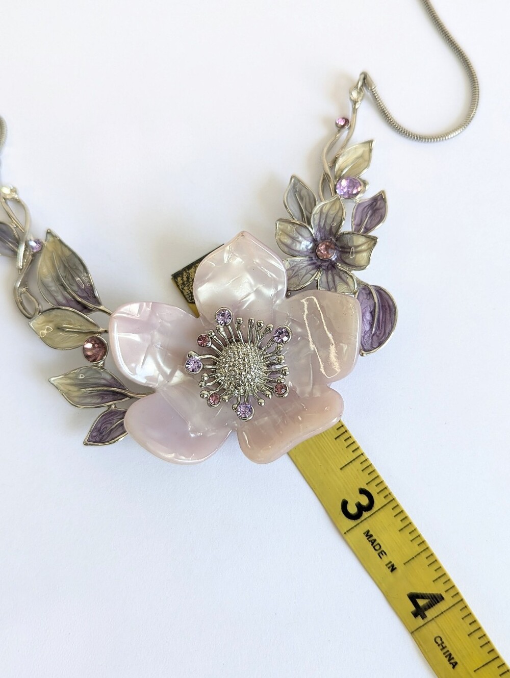 Pink Acrylic Flower Statement Necklace Enamel Floral Rhinestone Silver Tone Bib - Picture 7 of 7